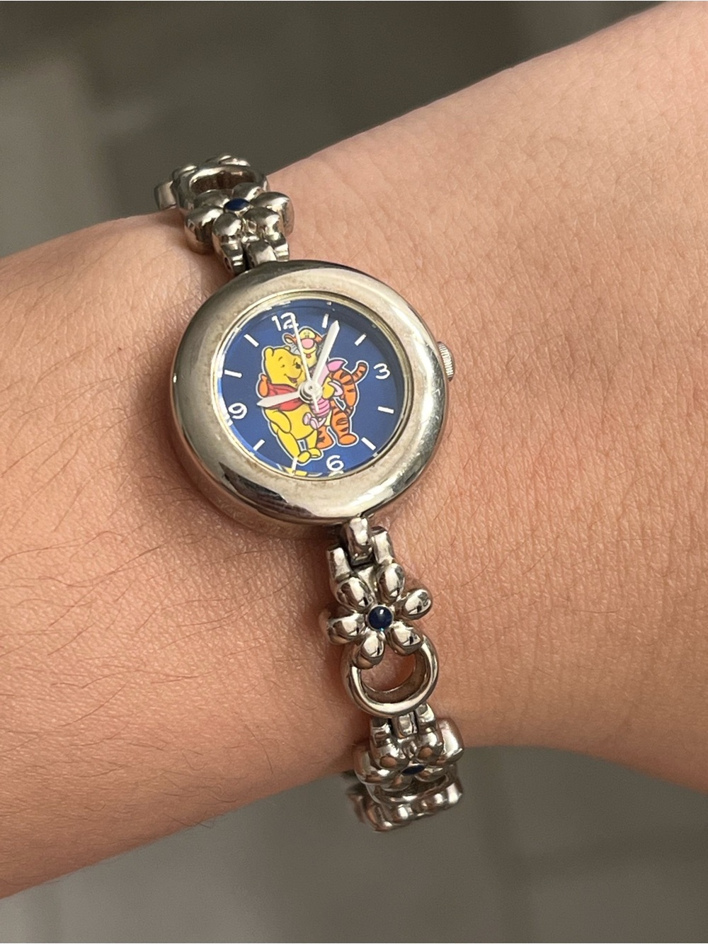 Seiko Silver Floral Bracelet Watch with Blue Winnie the Pooh Dial - RARE VINTAGE